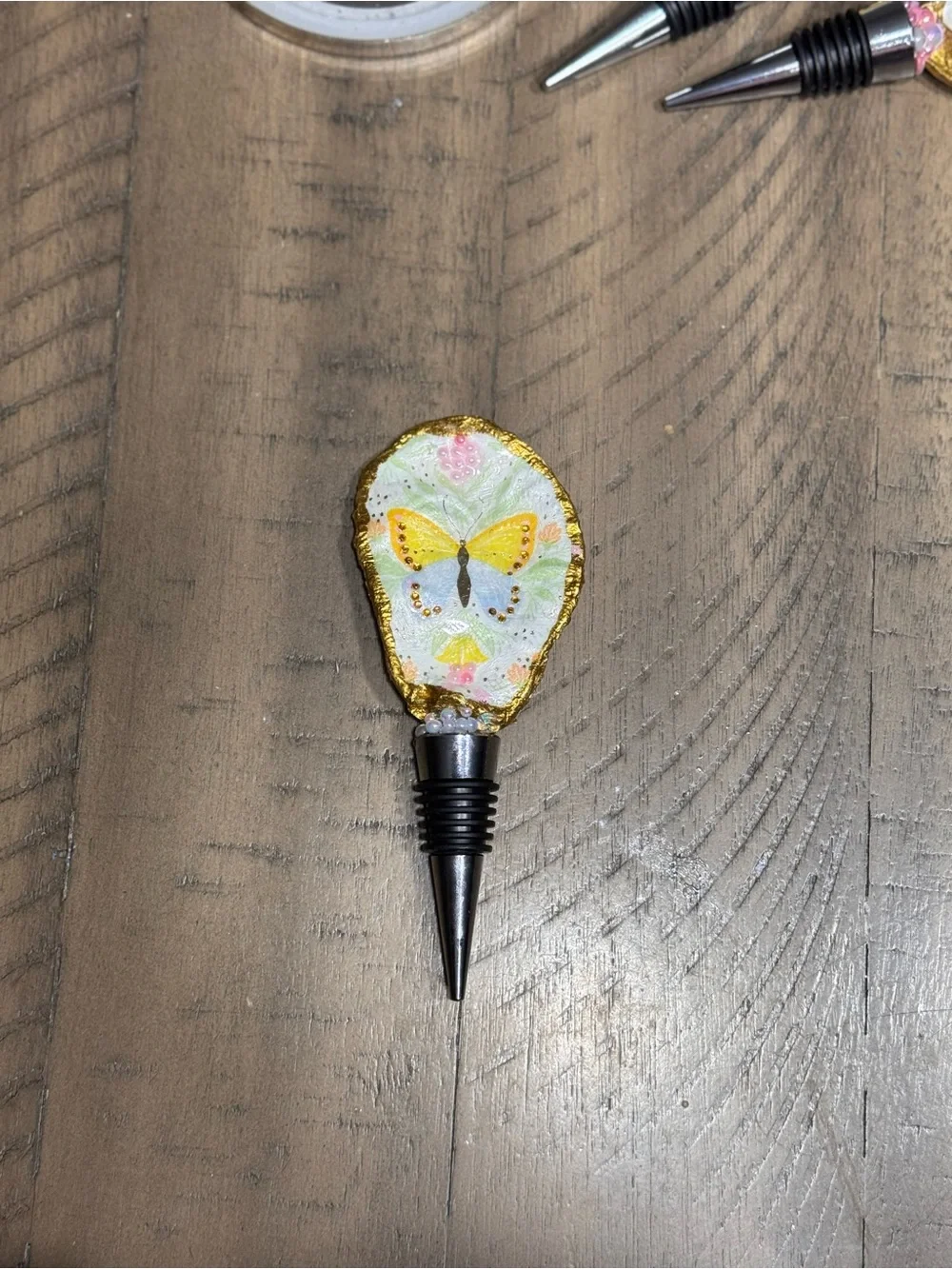 Hand-Painted Butterfly Oyster Wine Bottle Stopper – Yellow Accent